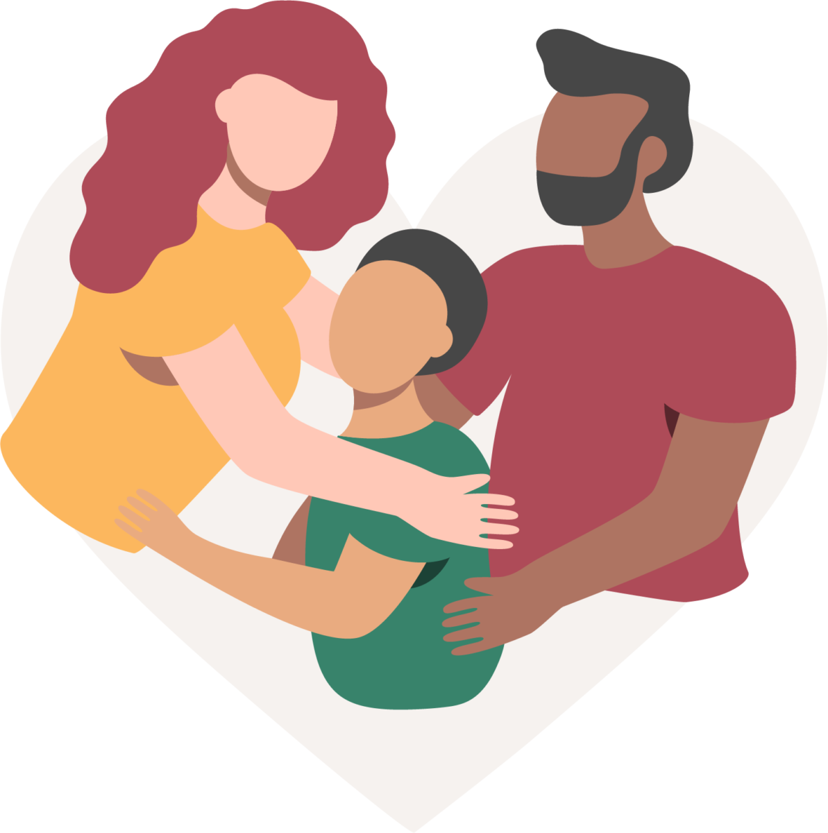 woman with red hair and yellow shirt and man with black hair and beard embrace child with green shirt and black hair representing a family unity