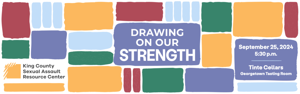 multicolored squares and rectangles resembling a brick foundation with text Drawing on Our Strength September 25, 2024, 5:30 p.m., Tinte Cellars Georgetown Tasting Room
