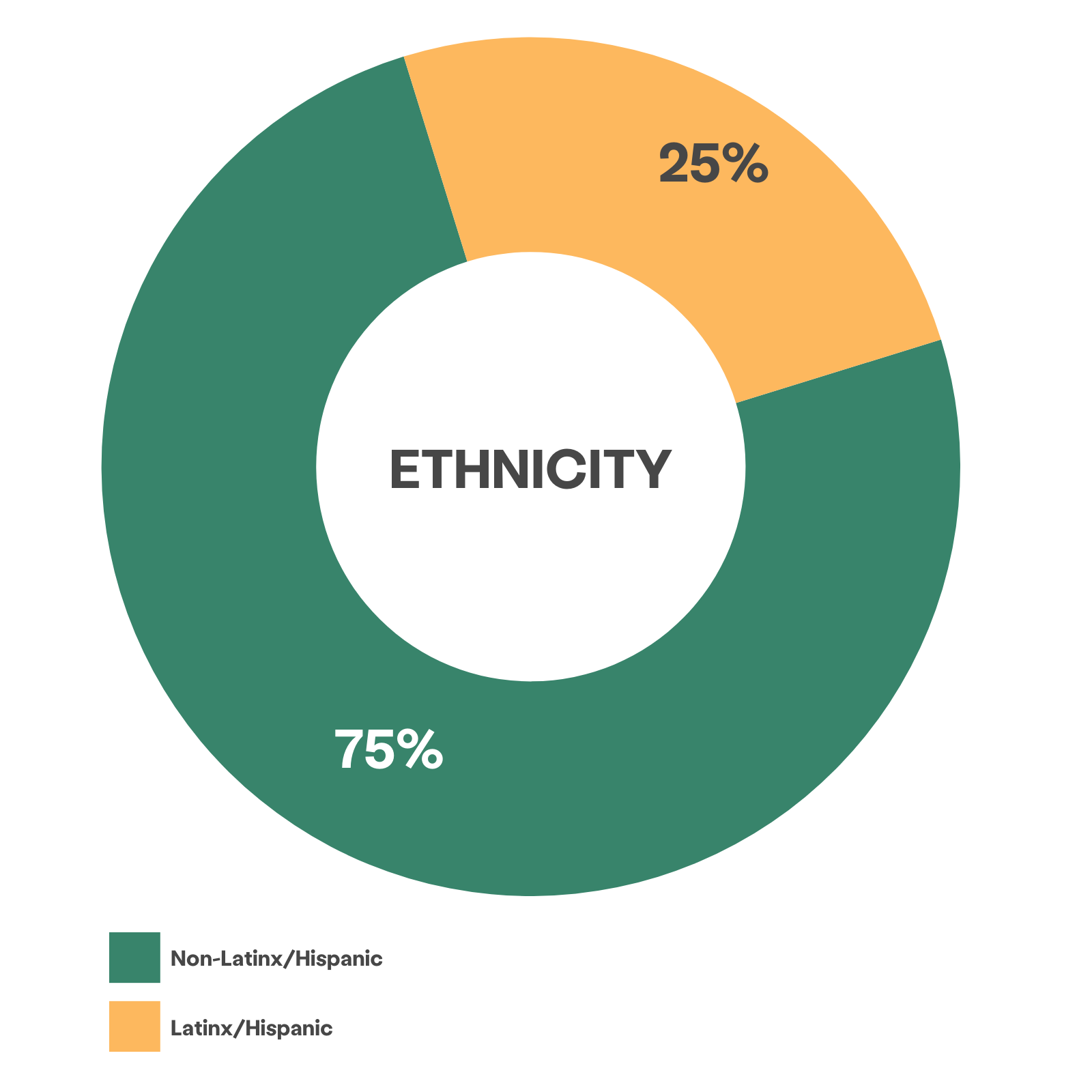 wheel chart showing 75% of clients identified as non-Latinx/Hispanic, 25% as Latinx/Hispanic