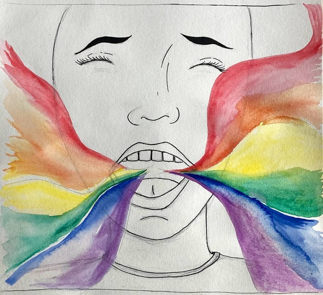 hand-drawn line illustration of a person with mouth open, with rainbow watercolor waves coming from mouth